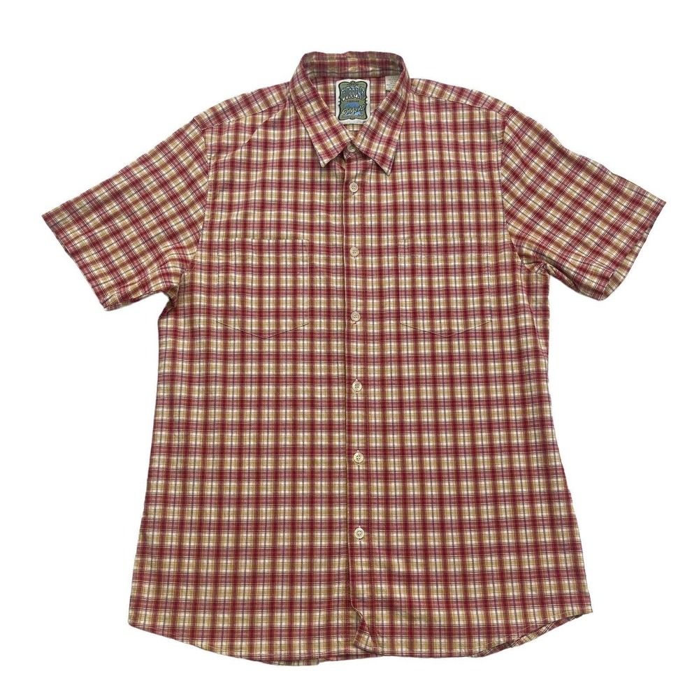 Ocean Current Shirt Mens Large L Red Brown Plaid Short Sleeve Button Up Pockets